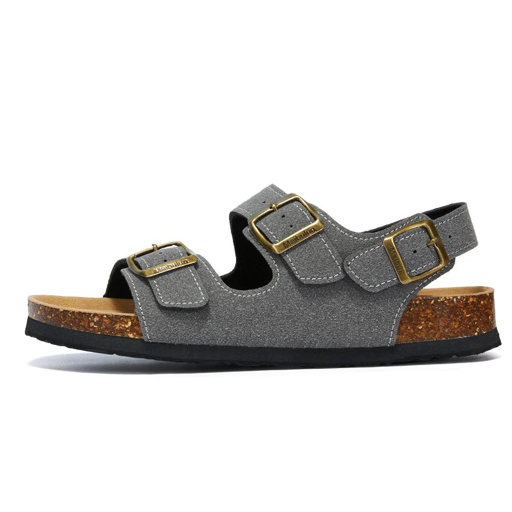 Amalfi grey leather sandal with European design featuring exceptional comfort, elegant triple straps and premium craftsmanship for sophisticated everyday wear