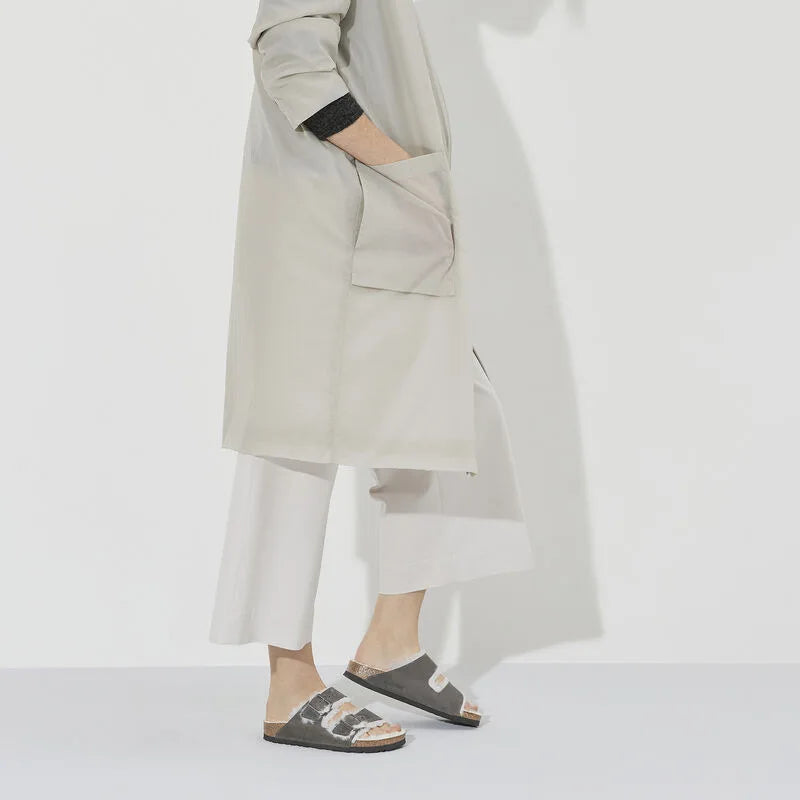 Fluffy grey leather sandal with European design featuring exceptional comfort, soft fluffy straps and premium craftsmanship for sophisticated everyday wear