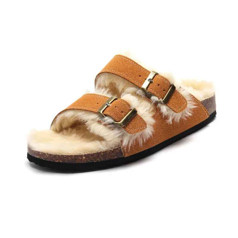 Fluffy orange leather sandal with European design featuring exceptional comfort, soft fluffy straps and premium craftsmanship for sophisticated everyday wear