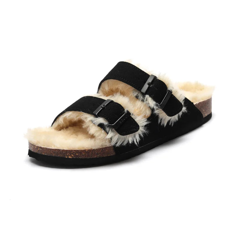 Fluffy black leather sandal with European design featuring exceptional comfort, soft fluffy straps and premium craftsmanship for sophisticated everyday wear