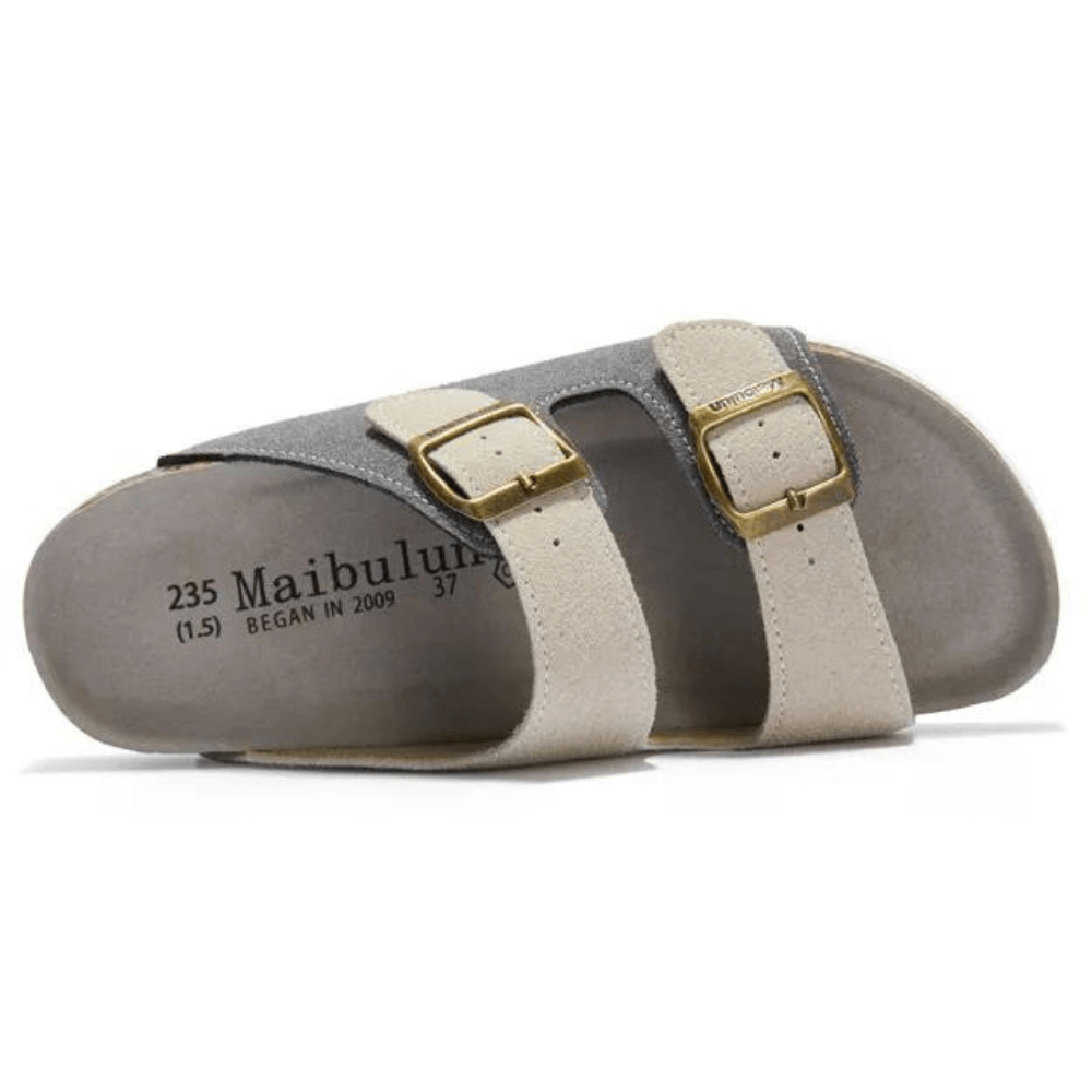 Maibulun grey and cream suede sandal with European design featuring exceptional comfort, elegant dual-tone straps and premium craftsmanship for sophisticated everyday wear