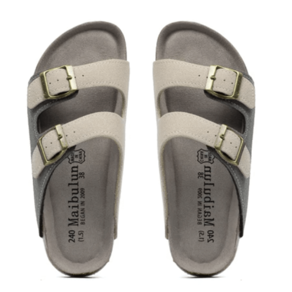 Maibulun grey and cream suede sandal with European design featuring exceptional comfort, elegant dual-tone straps and premium craftsmanship for sophisticated everyday wear