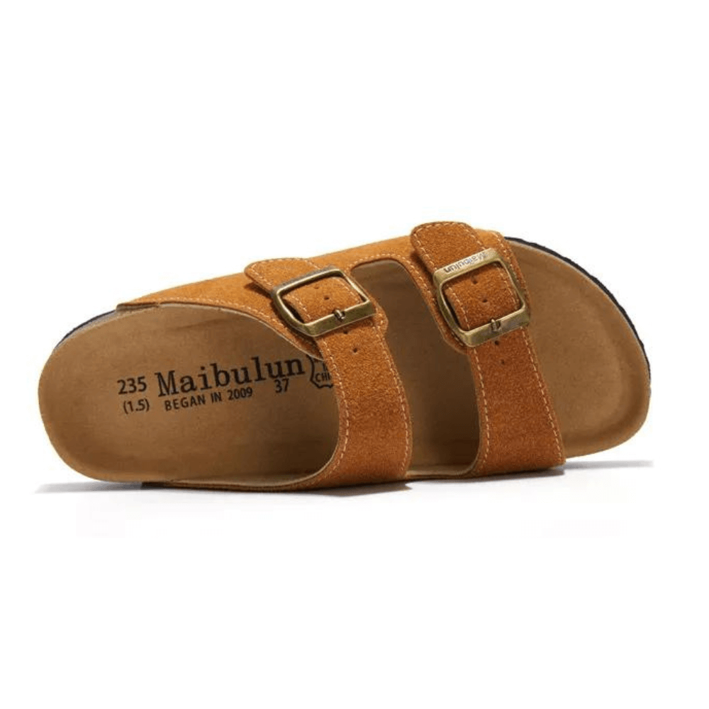 Maibulun caramel suede sandal with European design featuring exceptional comfort, elegant straps and premium craftsmanship for sophisticated everyday wear